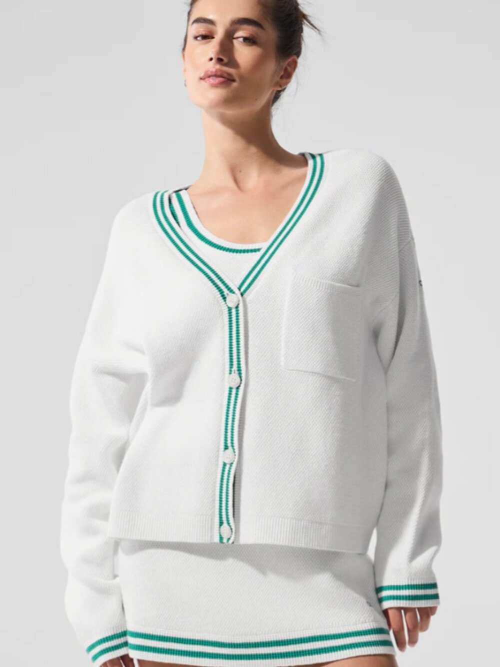 Alo Yoga Tennis Club Sweater Knit Cardigan White Spruce Green Women's S - Picture 2 of 6